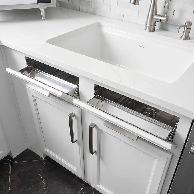 2 Set 19 Inch Metal Sink Drawer Tip Out Tray Kit Include Tip-Out Sink Trays and Hinges Large Pull Out Storage Organizer for Kitchen Bathroom Base Cabinets(Silver)