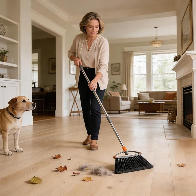 2 Pack Soft Bristle Broom for Pet Hair, Heavy Duty Collapsible Sweeping Broom for Indoor Hardwood Floors, Outdoor Deck, Kitchen, Patio, Stainless Steel Handle, Gray