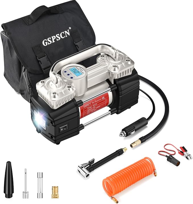 GSPSCN Heavy Duty Digital Tire Inflator 12V Portable Air Compressor Pump | 6X Faster Inflation Auto Shut-off Double Cylinders Metal Air Pump 150Psi with LED Light for Pickup,Truck,Car,Bicycles,RV,SUV