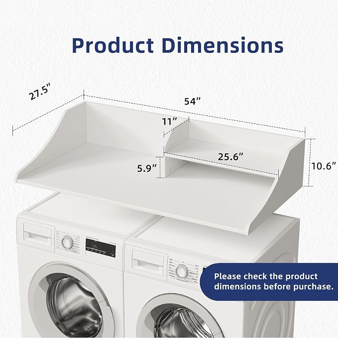 Memobarco 2 Tiers Washer Dryer Countertop, 54" Width x 27.5" Depth Laundry Countertop Organization, Wooden Washer and Dryer Topper for Folding, Sorting & Ironing, Easy to Install, White
