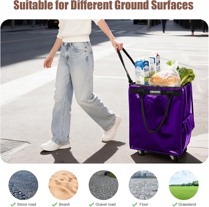 (Medium,Purple) Reusable Grocery Bag on 4 Wheels, 70L Foldable Rolling Tote Bag with 3 Handles and Zipper, Rolling Shopping Cart for Groceries, Storage, Laundry, Travel, Organizer, 76lb