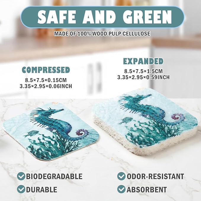 Hahafelt 36 Counts Compressed Cellulose Sponges Bulk Craft Pop up Ocean Pattern Natural Kitchen Compostable Non Scratch Dish Sponges for Washing Dishes, Cleaning Countertop Sink