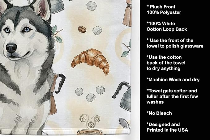 Caroline's Treasures Gray and White Alaskan Malamute Coffee Bar Kitchen Towel Velour Plush Front and Cotton Loop Back Machine Washable