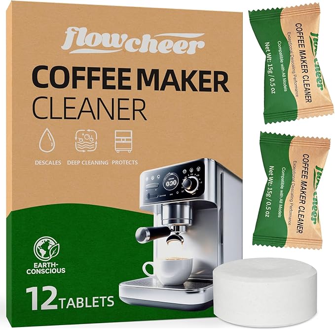 flowcheer Coffee Maker Cleaner & Descaler Tablets 12-Pack - Coffee Machine Tablets for Keurig,Nespresso,Jura, Breville, Ninja, Deep Cleaning Coffee Pot Cleaner and Descaler for All Espresso Machines