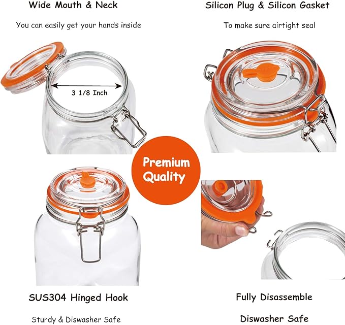 JILLMO Wide Mouth Glass Fermentation Jar with Airlock & Glass Weight, 2L (64oz) Fermenting Jar for Sauerkraut, Kimchi, Pickles & More,Pack of 2