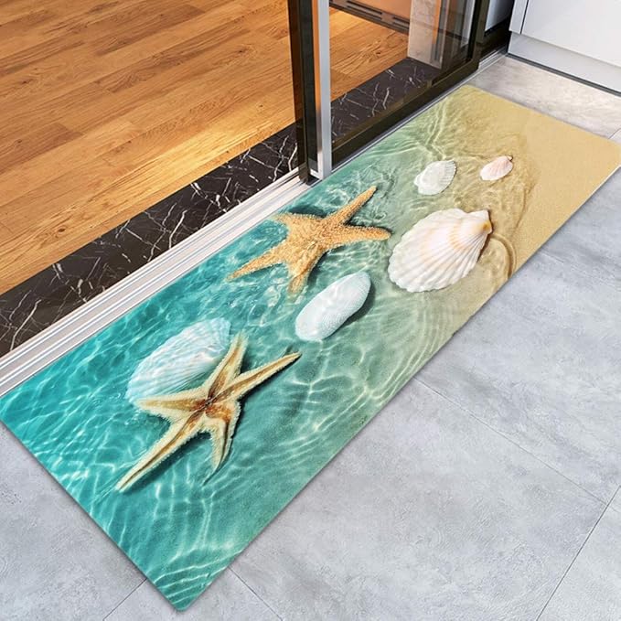 WODEJIA Bathroom Anti-Slip Foam Carpet,Durable Flannel Mat 3D Print Rug for Living Room, Absorbent Water Clearance MatS for Forlaundry Room and Kitchen, Beach Starfish Scallop Carpt 47x18 inches