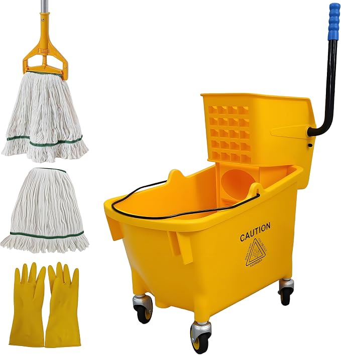 35 Quart Commercial Mop Bucket with Side Press Wringer on Wheels, Industrial Mop and Bucket Set with Loop-End Mop Head, Gloves and Microfiber Cloth, Heavy Duty Yellow Janitorial Cleaning Cart