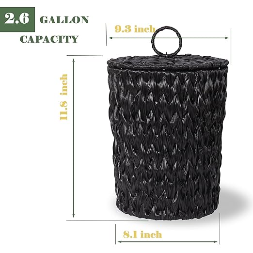 Plastic Wicker Trash Can with Lid - 2.6 Gallon Small Garbage Can with Removable Liner Bucket for Bedroom, Bathroom, Living Room - Boho Hand Woven Waste Basket for Home, Office, Black