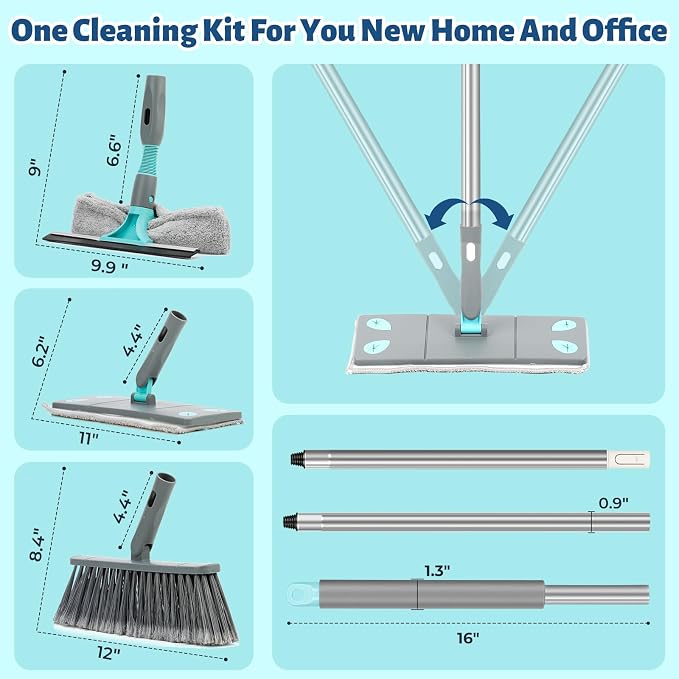 3-in-1 Detachable Broom and Mop Set Combo, Grey | Collapsible Design, Extension Pole, Window Squeegee, For House, RV Camping, Home, Dorm