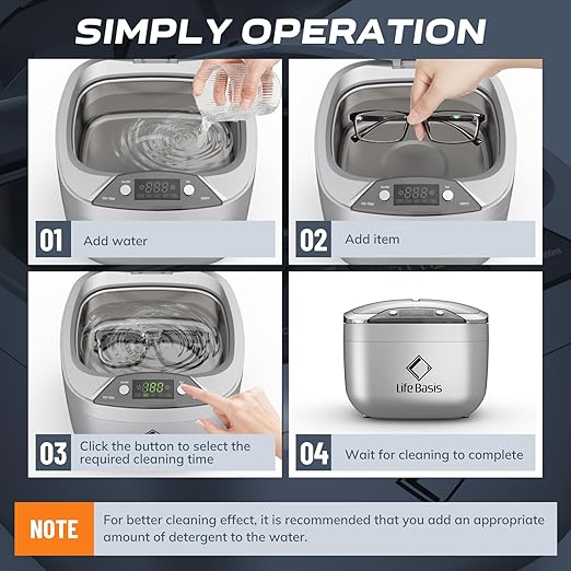 Life Basis Ultrasonic Cleaner Household Ultrasonic Jewelry Cleaner 850ml (28 Ounces) LCD Screen with 5 Digital Timer Watch Stand CD Holder for Ring Jewelry CD DVD Watches Glasses Makeup Brush - Silver