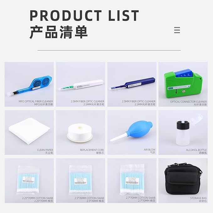 FTTH Fiber Optic Cleaning Kit with Fiber Cleaning Cassette for FC SC ST LC MU MPO Connectors 1.25mm/2.5mm Fiber Cleaner Pen Cleaning Swabs Wipes Optical Fiber Cleaner Tool