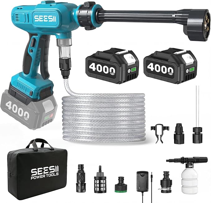 SEESII Cordless Car Washer, Dual 4000mAh Batteries Portable Washer with 6-in-1 Nozzle & Foam Cannon for Car, Home, Garden, Patio and Fence Cleaning