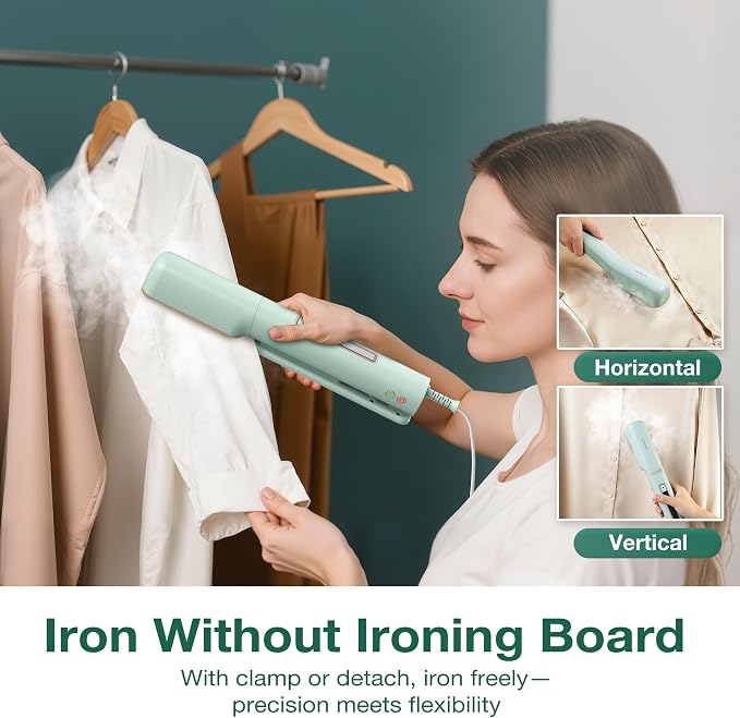 Newbealer 3in1 Travel Iron, 100-240V Clothes Steamer, 2 Steam Levels, Green | Portable for On-the-Go, Heats in 20s, Dry Iron w/ Clamp, 180° Rotatable Head, 360° Leak-Proof, Auto-Off, Self-Cleaning, 90ml