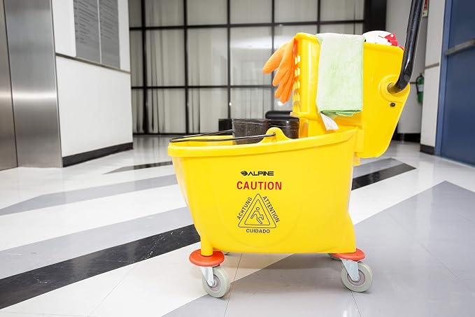 Alpine Mop Bucket & Side Wringer Combo - Heavy Duty & Commercial Janitorial Cart w/Spring Wringer on Wheels for Home & Industrial Cleaning - Commercial Mop Bucket for Business, Yellow