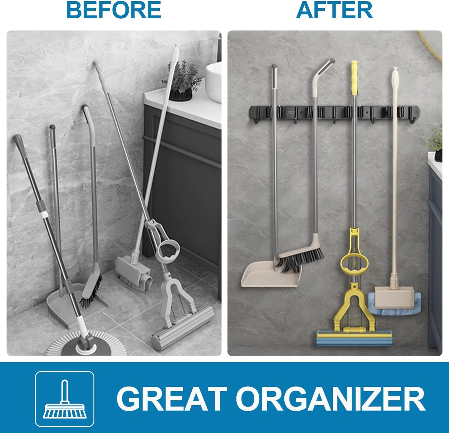 IMILLET Broom and Mop Holder Wall Mounted, Stainless Steel Broom Organizer Heavy Duty Tools Organizer Self Adhesive Mop Holder for Home Laundry Room Garage Garden (4 Racks and 5 Hooks)