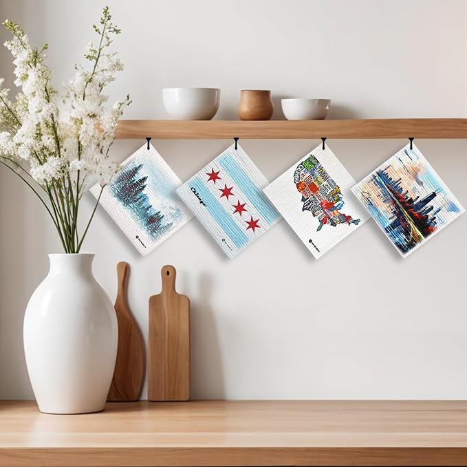 Swedish Dishcloths - 12 Pack | Made in Germany | Ultra-Absorbent, Reusable Cellulose Sponge Cloths for Kitchen | No-Odor, Eco-Friendly Cleaning Wipes | Water-Based Ink | Landscape