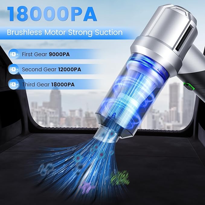 Car Vacuum Portable Cordless with 18000PA Super Suction, 4 in 1 Portable Air Blower/Car Vacuum 90°Foldable Handheld Rechargeable Brushless Motor, Gifts for Mother's Day for Home, PC