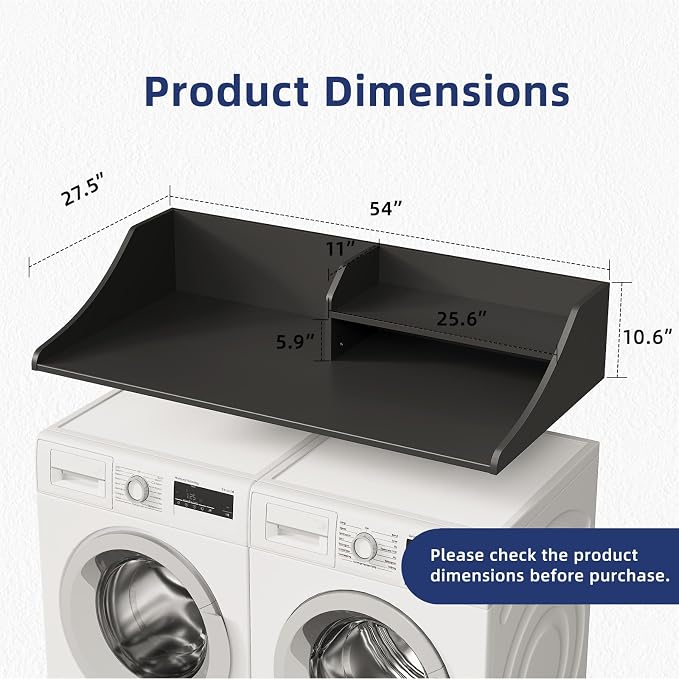 Memobarco 2 Tiers Washer Dryer Countertop, 54" Width x 27.5" Depth Laundry Countertop Organization, Wooden Washer and Dryer Topper for Folding, Sorting & Ironing, Easy to Install, Black