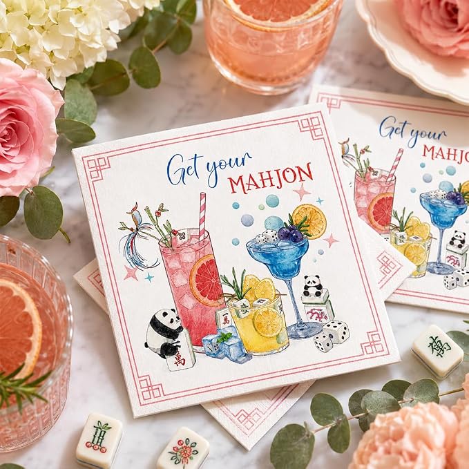 Mahjong Napkins, 150 PCS Pink Cocktail Napkins for Party Supplies Unique Paper Napkin Funny Mahjong Gifts for Women Game Night, Casual Gatherings, Bridal Shower