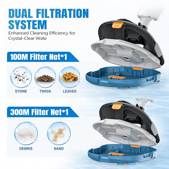 18.5 GPM Suction Pool Vacuum for Above Ground Pool,Hot Tubs,Spas | Telescopic Pole Up To 75'', 1.4L Debris Capacity, 60 Min Runtime, Filter Net*2, Cordless Pool Vacuum