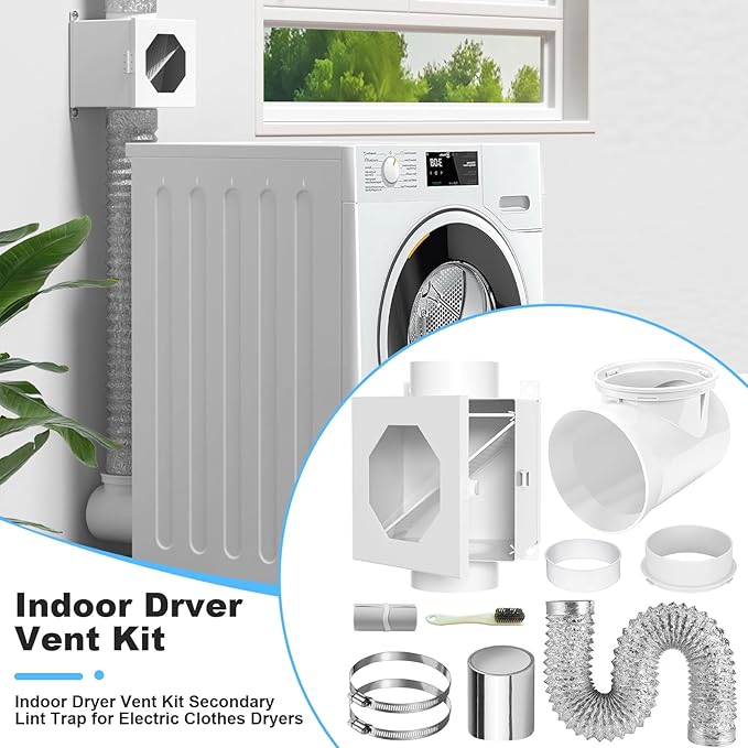 Dryer Lint Trap, Metal Lint Catcher Box with 90 Degree Drye Vent Elbow, 4inch Hose & Clamps Cleaning Brush Filter Screens - Indoor Dryer Vent Connector Kit
