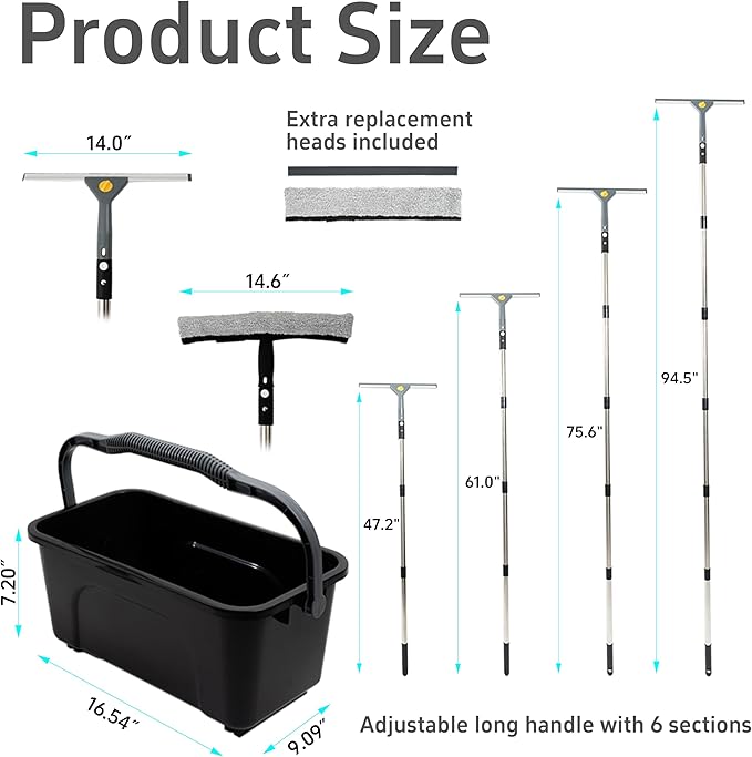 Window Washing Kit with Extension Pole(19–94.5"), Window Squeegee with Extension Pole, High Reach Window Cleaning Kit, 3 Gallon Bucket, Streak-Free Outdoor Window Cleaner, Extra Refills