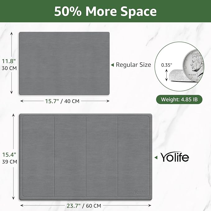 Yolife Extra Large Stone Drying Mat for Kitchen Counter, 23.7" x 15.4" Kitchen Stone Dish Drying Mat, Quick Drying Diatomaceous Earth Dish Drying Mat, Stone Dish Mat with Non Slip Pad (Grey)