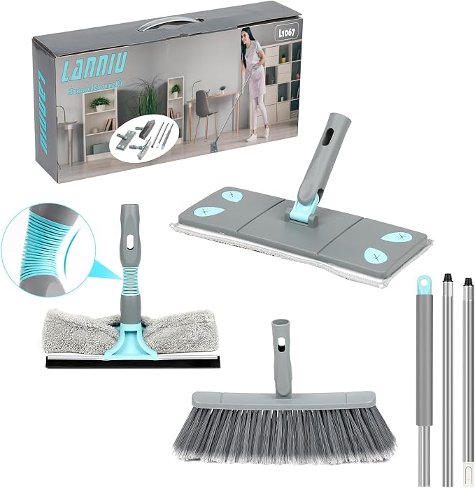 3-in-1 Detachable Broom and Mop Set Combo, Grey | Collapsible Design, Extension Pole, Window Squeegee, For House, RV Camping, Home, Dorm