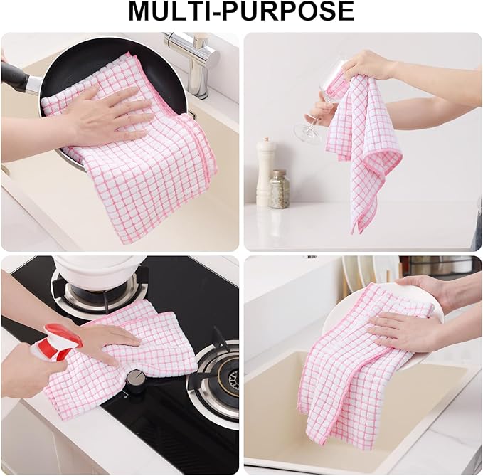 Kitinjoy Cotton 16 Pack Kitchen Towels and Dishcloths Sets, 16 x 25 Inch & 12 X 12 Inch Dish Towels Bulk, Super Soft and Absorbent Hand Towels for Kitchen Drying, Pink