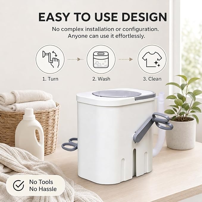 Manual Clothes Washer, Non electric Portable Rotary Washing Machine, Compact Hand Crank Rotary Washer for Dormitory Small Apartment