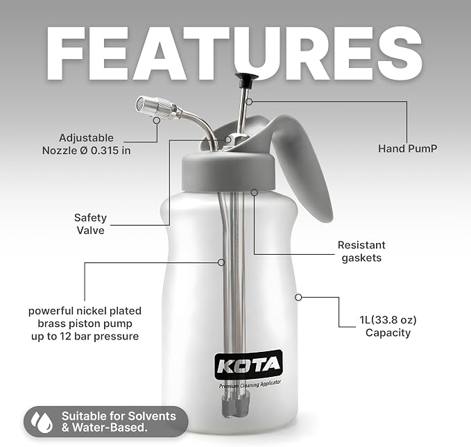 KOTA 1 L Adjustable Hand Pump Pressure Sprayer, Heavy-Duty Multipurpose Bottle for Automotive Solvents, Surface Prep & Car Detailing, Chemical-Resistant PE Construction (Cleaning Applicator) 75880