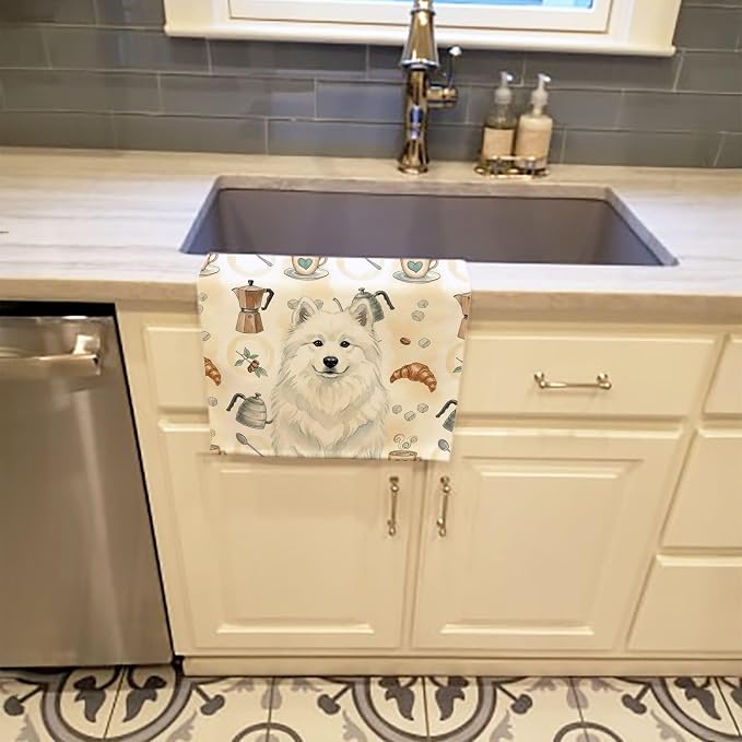 Caroline's Treasures White Samoyed Coffee Bar Kitchen Towel Velour Plush Front and Cotton Loop Back Machine Washable
