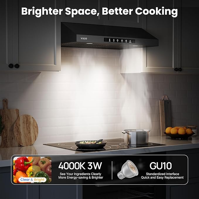VIKIO HOME 36 Inch Under Cabinet Range Hood 900 CFM, Dual Motor Powerful Kitchen Vent Hood, Gesture & Touch Control, Ultra Quiet DC Motor, Dishwasher-Safe Filters, LED Lights, Black