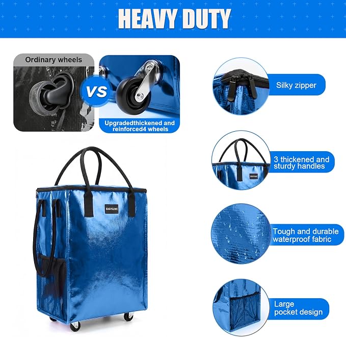 Reusable Hauler Rolling Tote Bag, Collapsible Portable Shopping Bag with Wheels for Groceries, Apartments Laundry, Organization,Heavy Duty Utility Tote Bag for Travel Moving, 75lbs, Blue