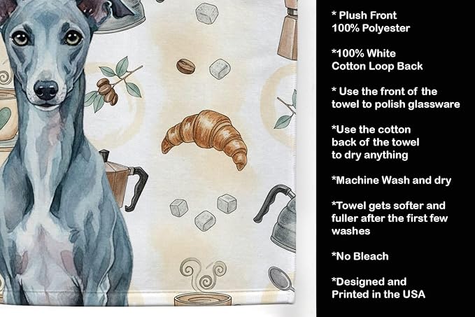 Caroline's Treasures Blue Whippet Coffee Bar Kitchen Towel Velour Plush Front and Cotton Loop Back Machine Washable