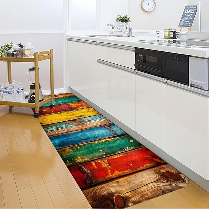 WODEJIA Non Slip Bath Rugs Sponge Foam for Bathroom,Flannel Mat Rug for Living Room, Absorbent MatS for Forlaundry Room and Kitchen, Colored Wooden Board Pattern Welcome Mat 47x18 Inches