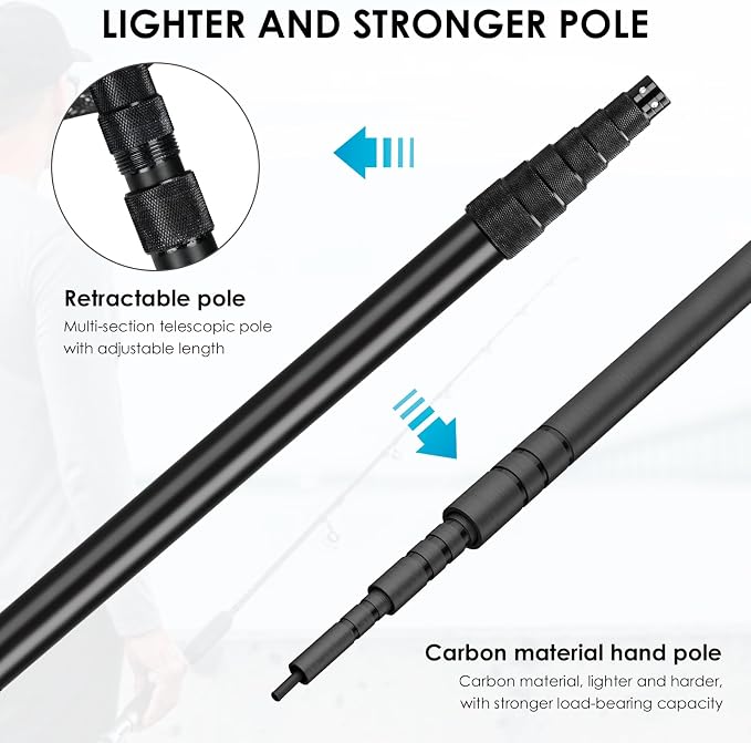 THKFISH Folding Aluminum Fishing Landing Net with Extra Long Telescoping Pole Handle,Extend to 82-157 Inches (98” Telescopic Handle/17.7” Hoop Size), Blcak