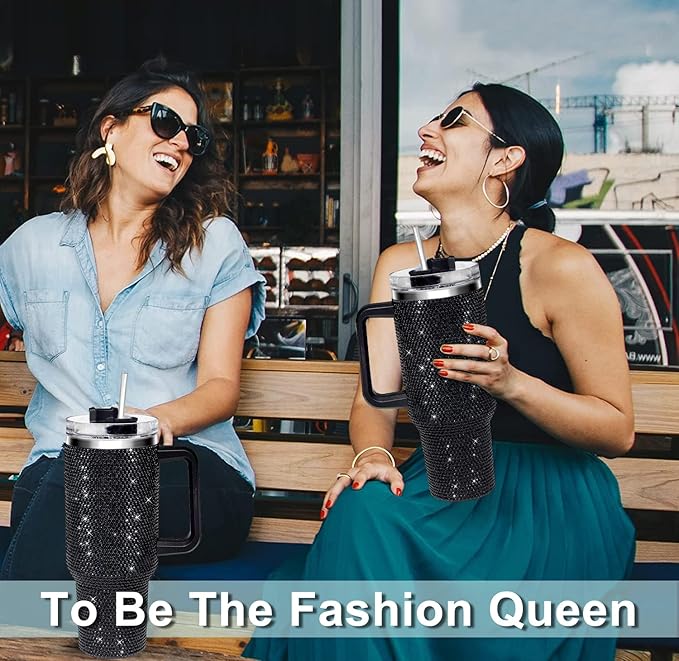 HWISDMIG 40oz Tumbler with Handle-Glitter Rhinestones Tumbler Bling Cups Stainless Steel Water Bottle Diamond Studded Tumbler for Women-Birthday Gifts for Women, Mom, Wife, Girlfriend (40 oz, Black)