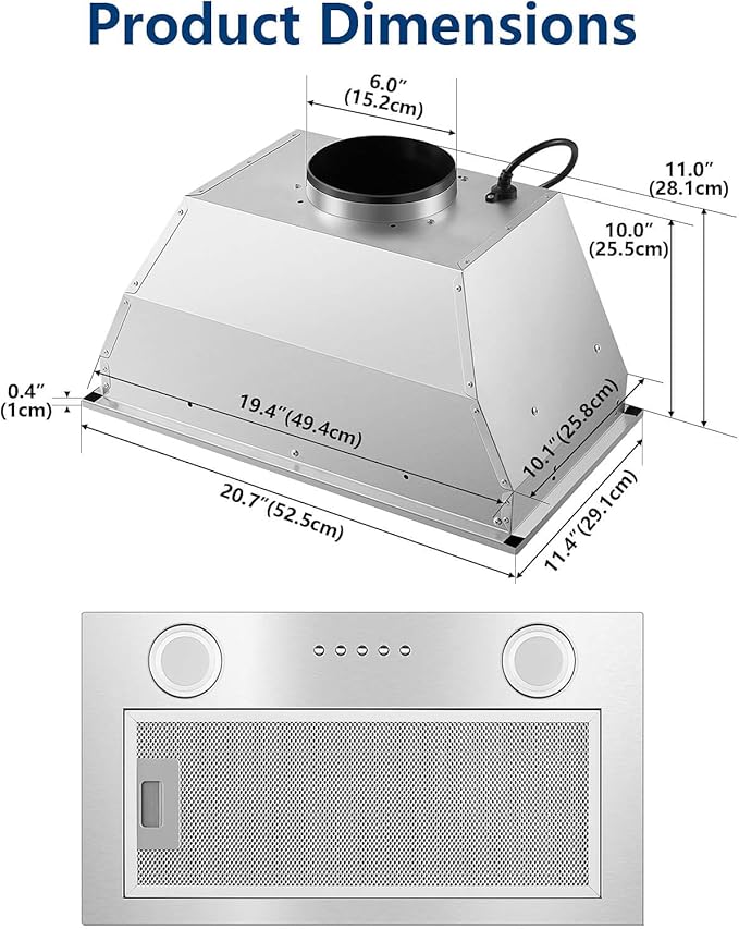 JOEAONZ Range Hood Insert 20 Inch Stainless Steel with 5-layer Mesh Filter, Hood Vent for Kitchen Built-in Mount Dual LED, Ducted/Ductless Convertible Kitchen Exhaust Fan, Push Button Control