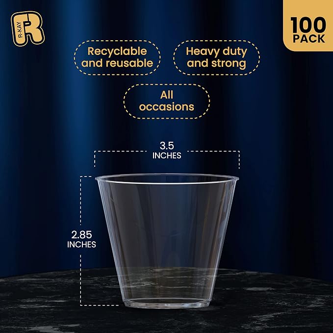 R-kay 9 Oz Clear Plastic Cups For Party - Clear Cups 100 Pack - Heavy Duty Disposable Cups/Tumblers - Plastic Wine Glasses For Parties Disposable - Plastic Cocktail Glasses - Party Cups Disposable