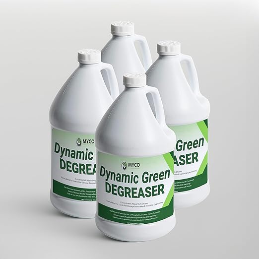 Myco Dynamic Green Degreaser 4 Gal – Biodegradable Heavy-Duty Cleaner & Concentrate, pH 12.4, VOC-Free, Makes 55 Gal, Commercial & Residential Multi-Surface Use: Kitchen, Equipment, Fire Restoration