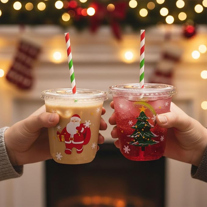 12oz Christmas Disposable Plastic Cups with Lids and Straws-Xmas Tree Santa Reindeer Snow Cold Drinks, Coffee, Beer, Drinks, Ice Cream, Drinking Cups for Party Supplies. (100)