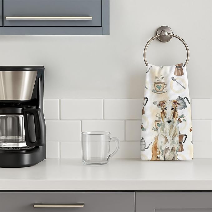Caroline's Treasures Borzoi Coffee Bar Kitchen Towel Velour Plush Front and Cotton Loop Back Machine Washable