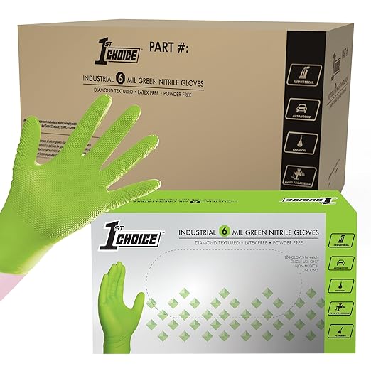 1st Choice 6 mil Green Gloves, Disposable, Latex Free, Raised Diamond Grip, Mechanic Glove for Men, XXL, Case of 1000