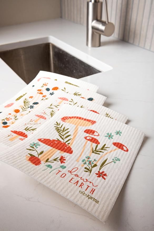 Karma, Swedish Dishcloths for Kitchen - 4 Pack, Reusable, Washable and Biodegradable Dishcloths, Mushroom