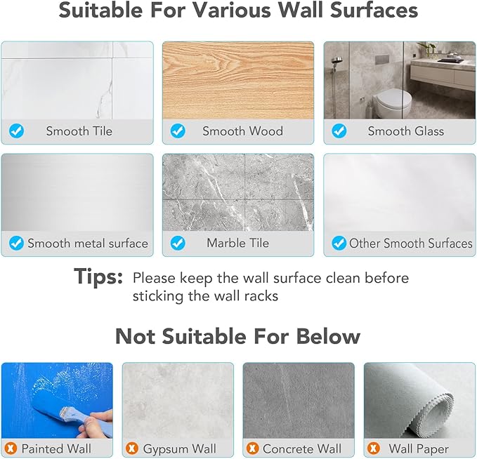 homeasy Mop Broom Holder No Drill, Mop Broom Organizer Wall Mounted Heavy Duty with Hooks Hanger, Self Adhesive Stainless Steel 4Pcs for Bathroom, Kitchen, Office (Multicolor)