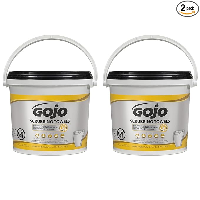 GOJO Scrubbing Towels, Fresh Citrus Scent, 170 Count Extra Large Dual Textured Wet Towels Bucket (Pack of 2) – 6398-02
