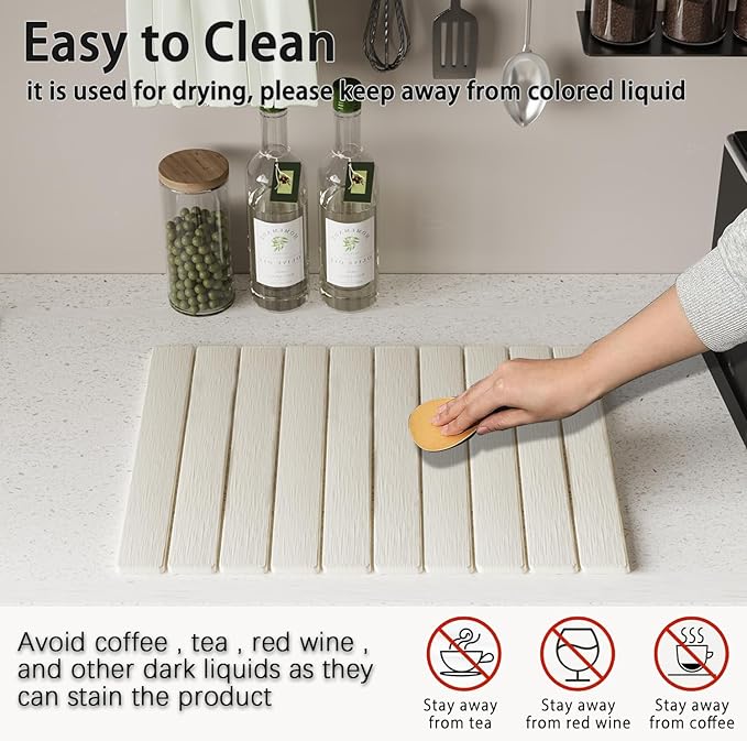 Stone dish drying mats for kitchen counter ，large 23.6"L x 15.4"W foldable diatomite dish stone drying mat, quick dry extra fast absorbent roll up rack, White/Black foldable stone dish drying mat