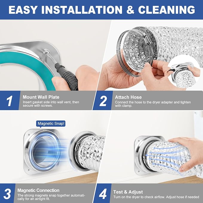 Magnetic Dryer Vent Coupling – Easy Quick Connect & Disconnect Hose Kit with Strong Magnet,Airtight Seal & Self-Alignment Design–Easy Installation & Cleaning-Included a 2.9ft 4" Duct & 2 Clamps