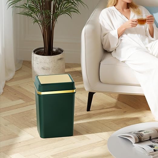 Bathroom Trash Can with Lid 4 Gallon Dark Green Trash Can with Press Top Lid Bedroom Trash Can Small Garbage Can with 150 Counts Trash Bags for Small Bathroom Bedroom Office
